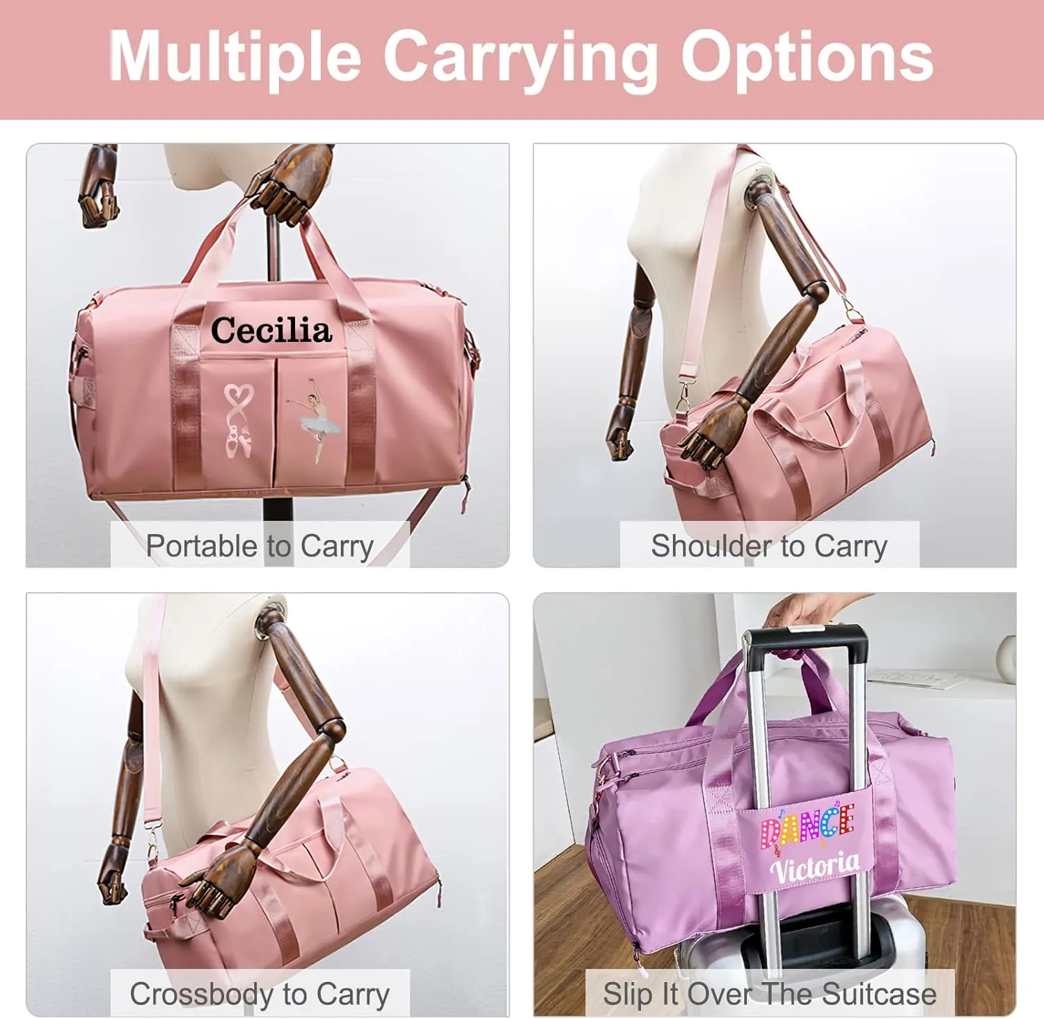Personalized Ballet Duffle Bag for Women Girls,Custom Sport Gym Travel Bags Printed Name Text,Customized Dry Wet Separated Overnight Weekender Waterproof Bag Gift - Gray