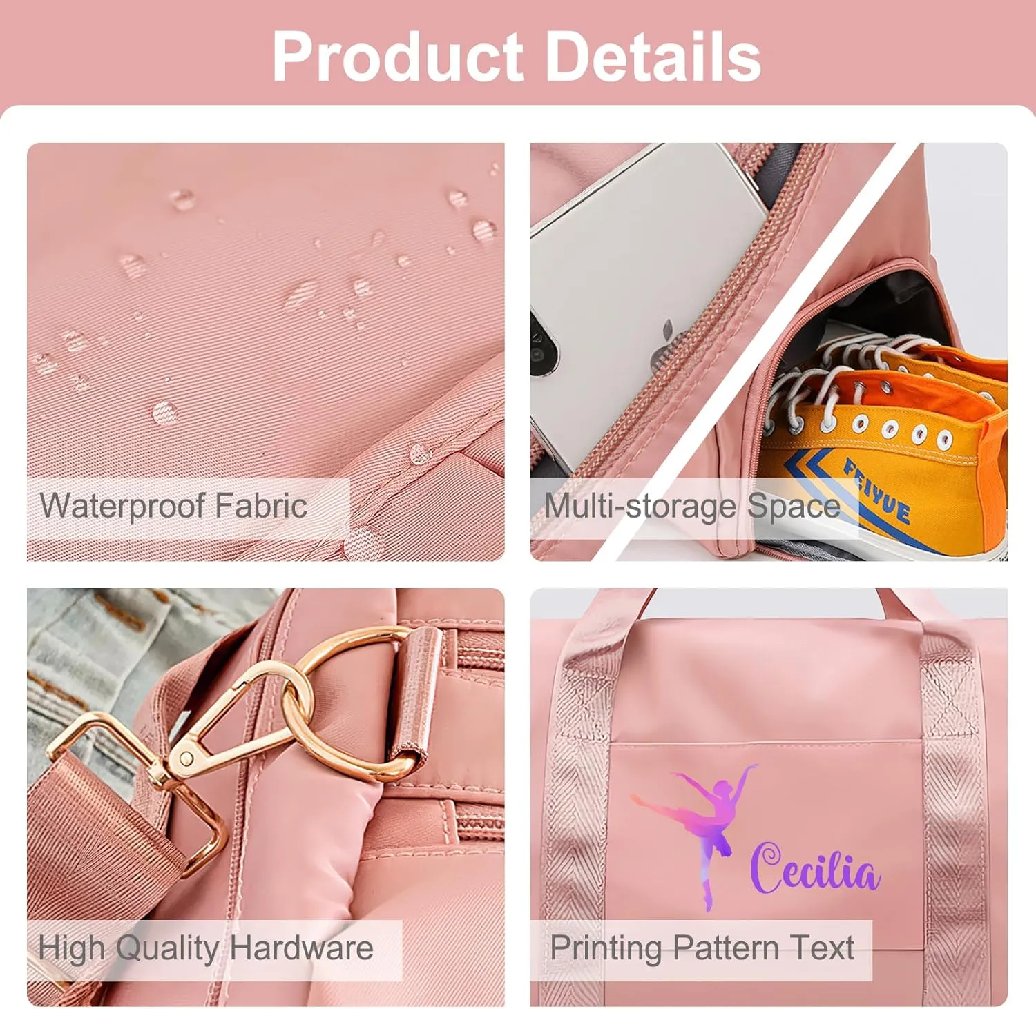Personalized Ballet Duffle Bag for Women Girls,Custom Sport Gym Travel Bags Printed Name Text,Customized Dry Wet Separated Overnight Weekender Waterproof Bag Gift - Gray