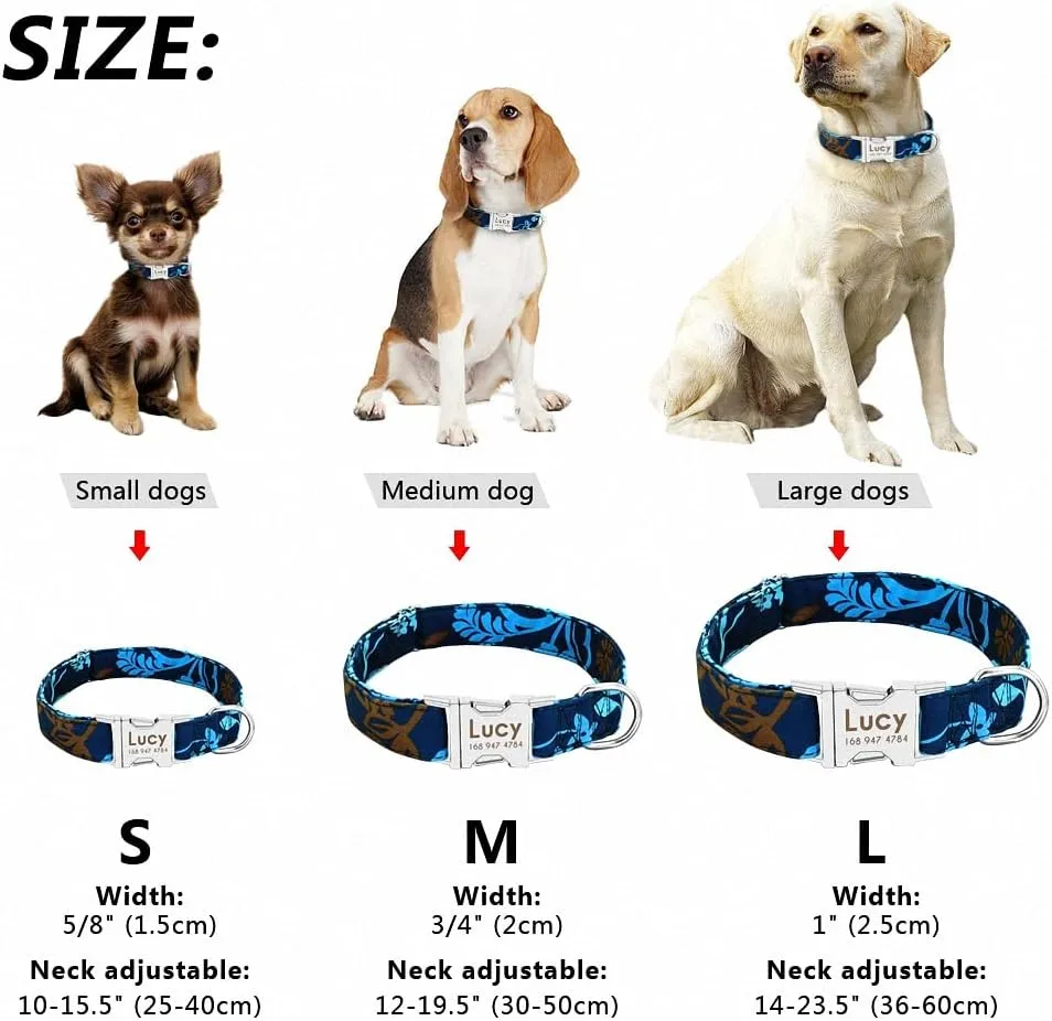 Personalized Dog Collar Leash Nylon Print Small Dog Collars and Lead for Small Medium Large Pet Pitbull German Shepherd Puppy Black Set L