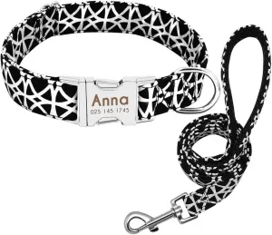 Personalized Dog Collar Leash Nylon Print Small Dog Collars and Lead for Small Medium Large Pet Pitbull German Shepherd Puppy Black Set L