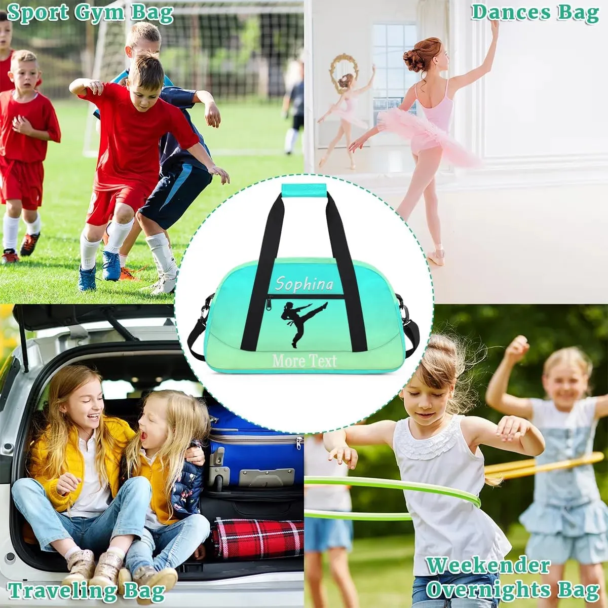 Personalized martial arts Bag with Name Custom Sport Duffle Bag for Kids Girls and Boys Overnight Sleepover Bag Travel Bag Weekender Bag for Gym Gymnastics Gift turquoise martial arts