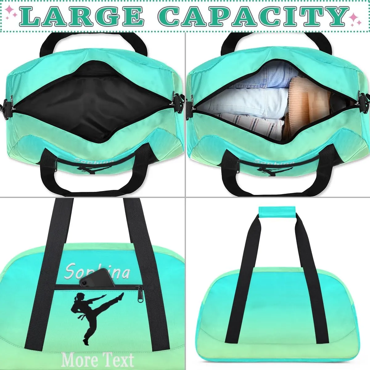 Personalized martial arts Bag with Name Custom Sport Duffle Bag for Kids Girls and Boys Overnight Sleepover Bag Travel Bag Weekender Bag for Gym Gymnastics Gift turquoise martial arts