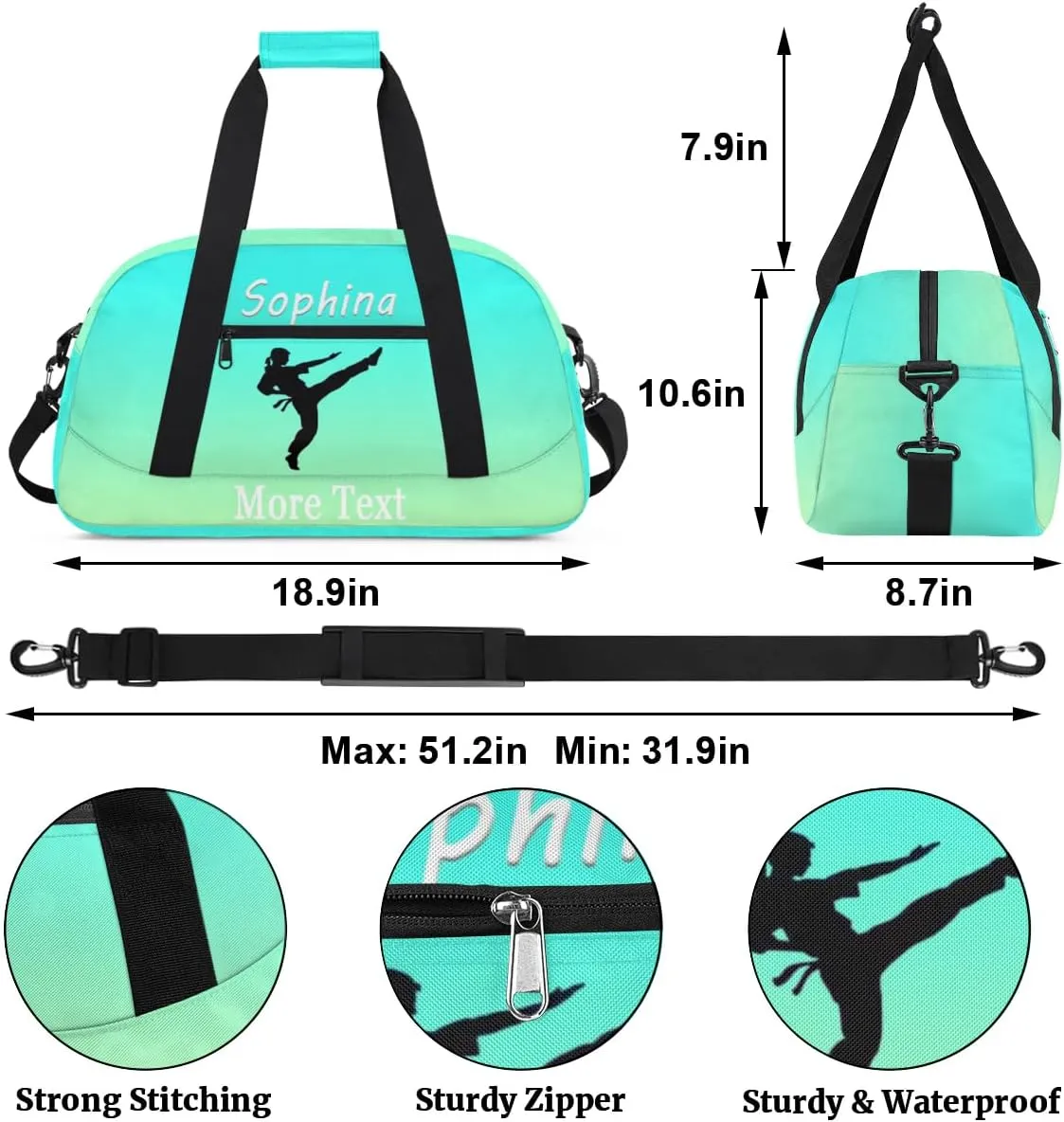 Personalized martial arts Bag with Name Custom Sport Duffle Bag for Kids Girls and Boys Overnight Sleepover Bag Travel Bag Weekender Bag for Gym Gymnastics Gift turquoise martial arts
