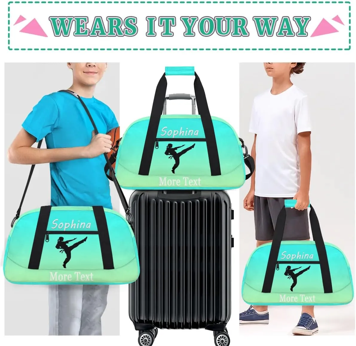 Personalized martial arts Bag with Name Custom Sport Duffle Bag for Kids Girls and Boys Overnight Sleepover Bag Travel Bag Weekender Bag for Gym Gymnastics Gift turquoise martial arts