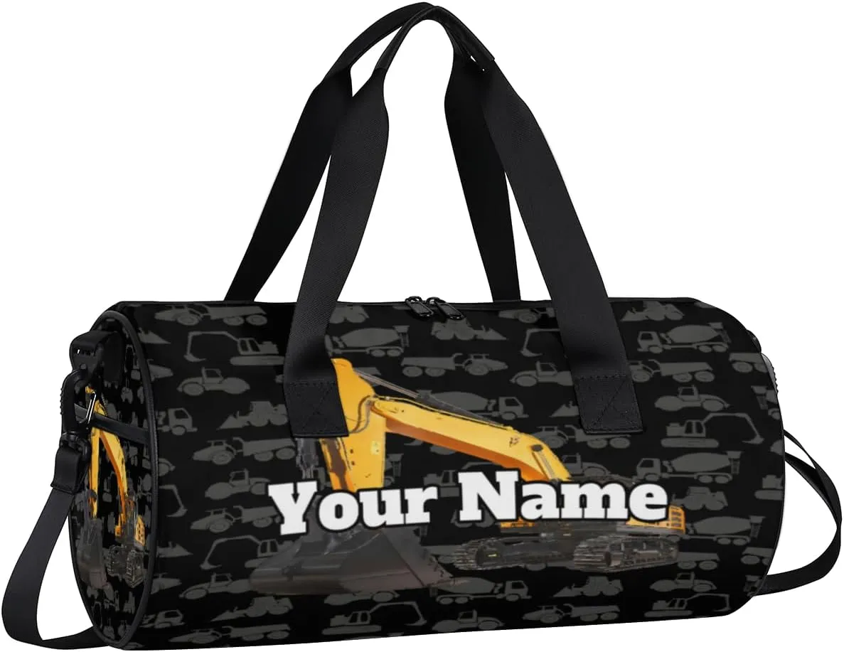 Personalized Name Gym Bag for Women, Customized Construction Excavator Cylinder Sports Bags for Men, Waterproof Weekender Bag, Duffle Bags for Travel Swim Dance, Cartoon Machinery