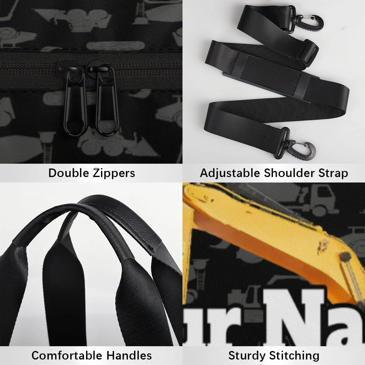 Personalized Name Gym Bag for Women, Customized Construction Excavator Cylinder Sports Bags for Men, Waterproof Weekender Bag, Duffle Bags for Travel Swim Dance, Cartoon Machinery
