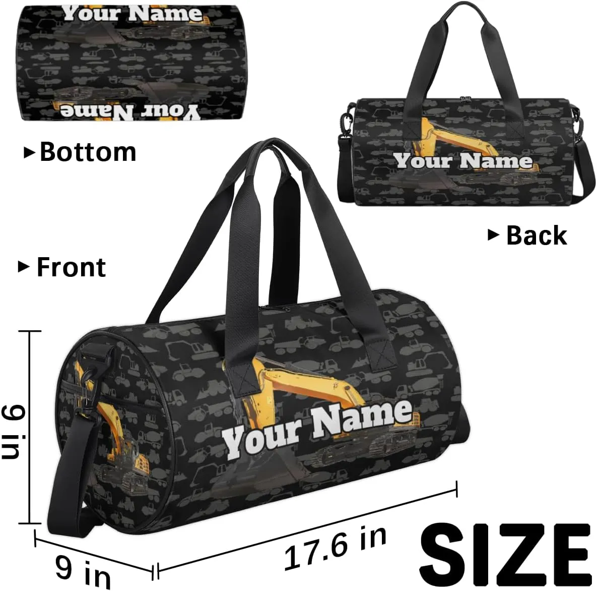 Personalized Name Gym Bag for Women, Customized Construction Excavator Cylinder Sports Bags for Men, Waterproof Weekender Bag, Duffle Bags for Travel Swim Dance, Cartoon Machinery