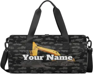 Personalized Name Gym Bag for Women, Customized Construction Excavator Cylinder Sports Bags for Men, Waterproof Weekender Bag, Duffle Bags for Travel Swim Dance, Cartoon Machinery