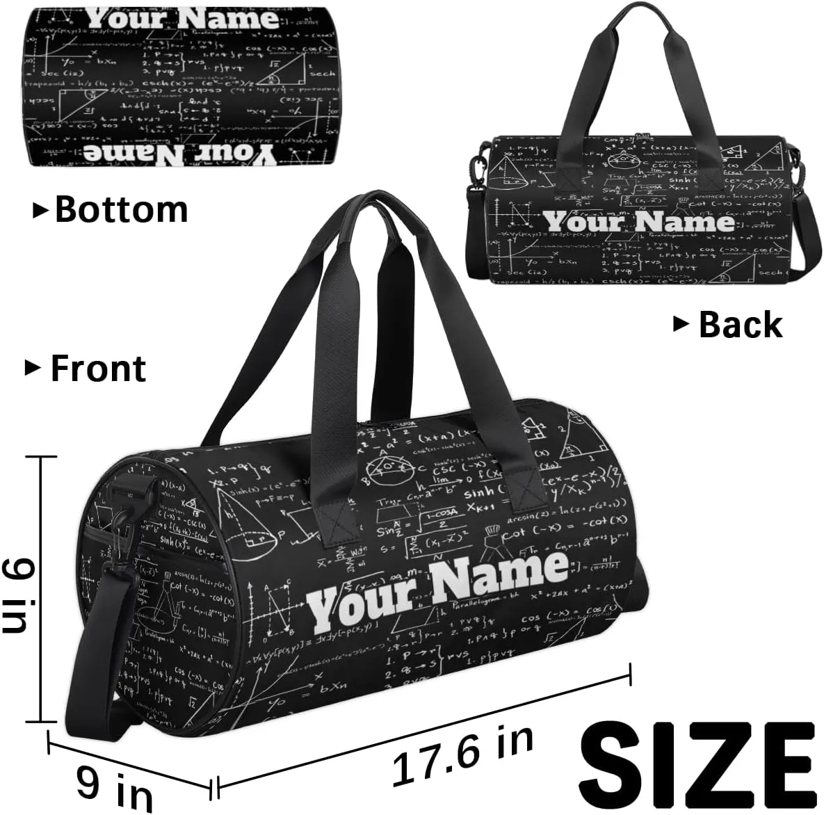 Personalized Name Gym Bag for Women, Customized Math Cylinder Sports Bags for Men, Waterproof Weekender Bag, Duffle Bags for Travel Swim Dance, Math Black