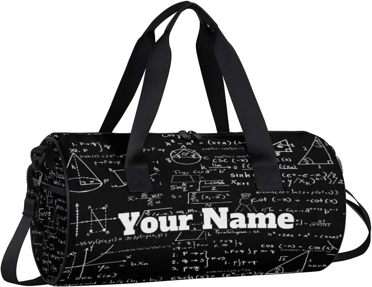 Personalized Name Gym Bag for Women, Customized Math Cylinder Sports Bags for Men, Waterproof Weekender Bag, Duffle Bags for Travel Swim Dance, Math Black