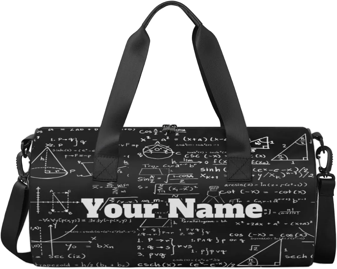 Personalized Name Gym Bag for Women, Customized Math Cylinder Sports Bags for Men, Waterproof Weekender Bag, Duffle Bags for Travel Swim Dance, Math Black