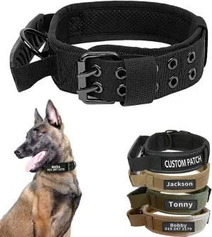 Personalized Tactical Dog Collar Handle with Name Phone Number Tags, Custom Military Pet Collars for Medium Large Breeds
