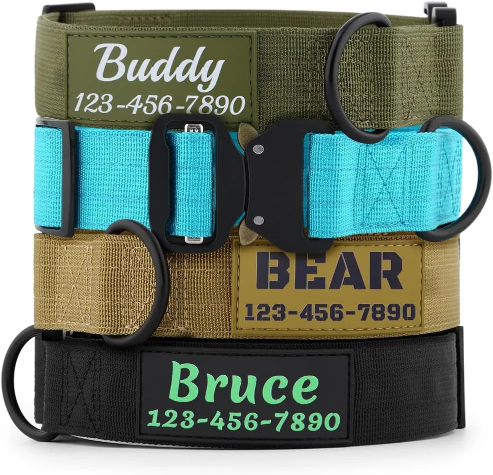 Personalized Tactical Dog Collar with Name and Phone Number, Heavy Duty Nylon Military Dog Collar with Strong Metal Buckle for Medium and Large Dogs