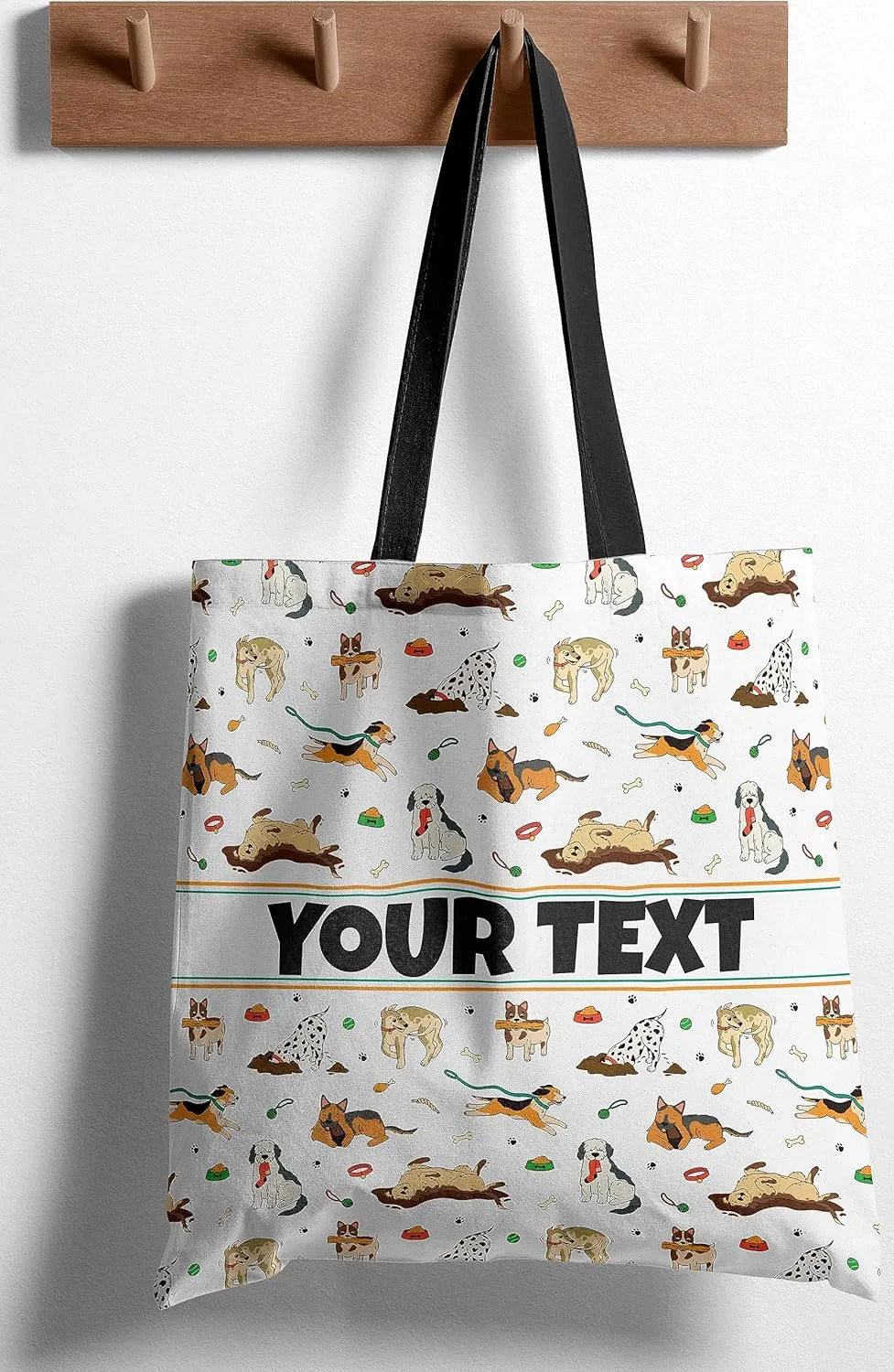 Personalized Tote Bag - Dogs, Custom Name/Text, Reusable w/Straps, Canvas Cloth Fabric, Customized Gift Idea, Birthday/Christmas/Holiday Present, 13x13