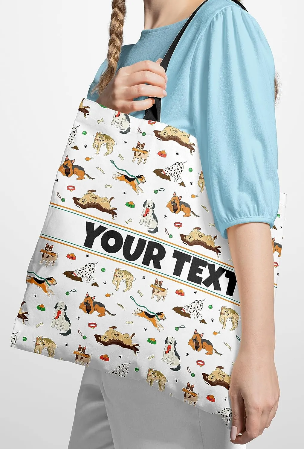 Personalized Tote Bag - Dogs, Custom Name/Text, Reusable w/Straps, Canvas Cloth Fabric, Customized Gift Idea, Birthday/Christmas/Holiday Present, 13x13