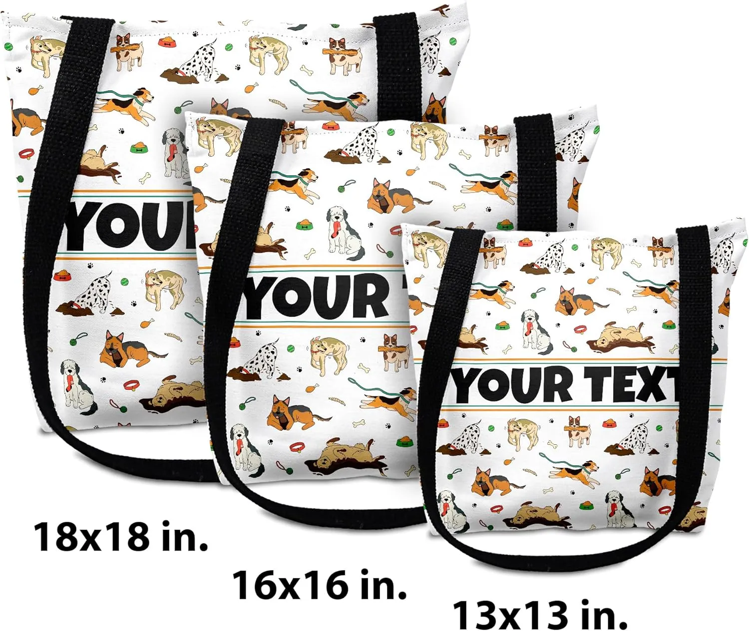 Personalized Tote Bag - Dogs, Custom Name/Text, Reusable w/Straps, Canvas Cloth Fabric, Customized Gift Idea, Birthday/Christmas/Holiday Present, 13x13
