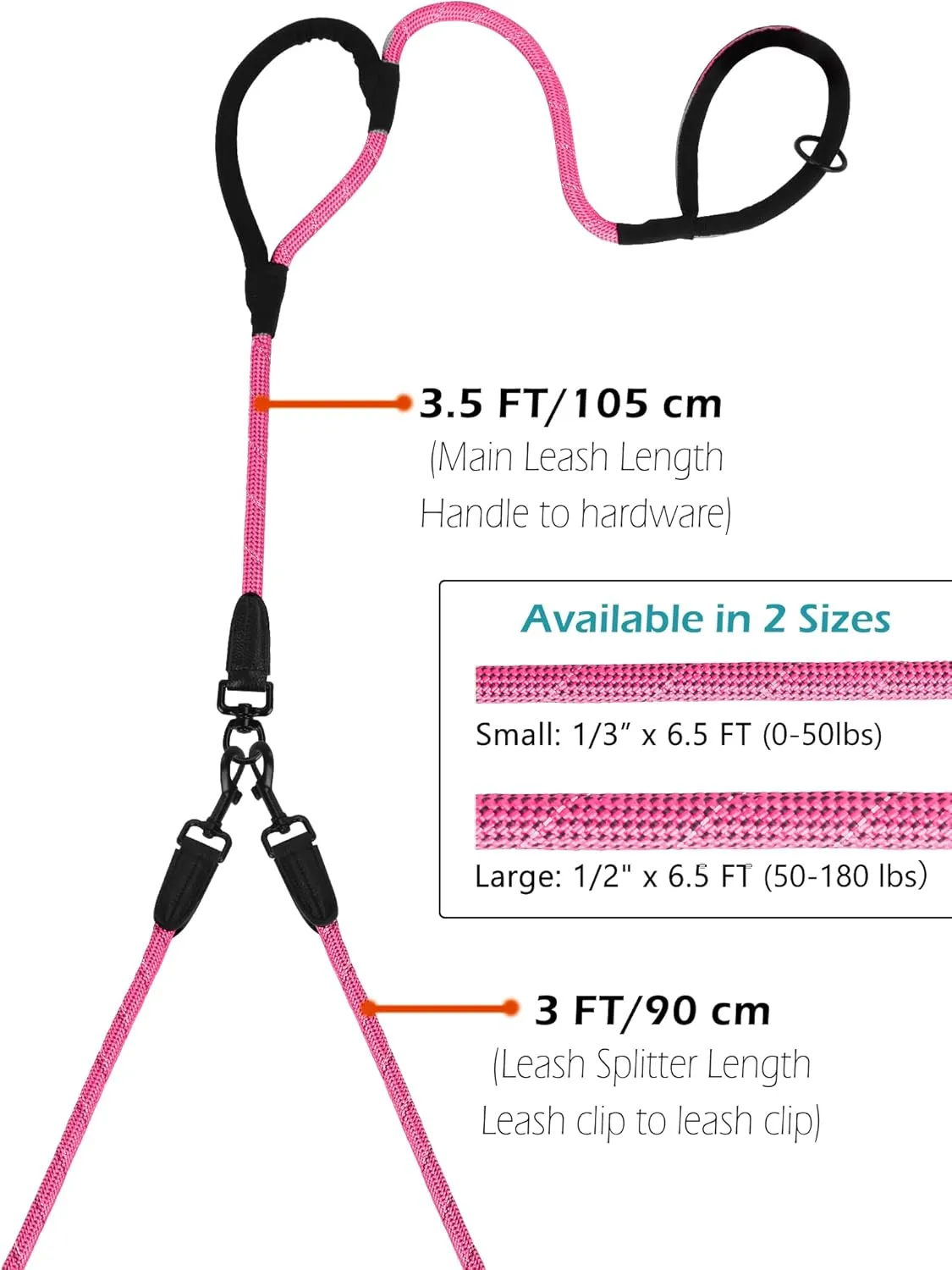 PetBonus Rope Double Dog Leash, No Tangle Dual Leash, Reflective Walking Training Lead with Two Comfortable Padded Handles, Lead Coupler for Medium Large Dogs (1/2” x 6.5FT, Pink)