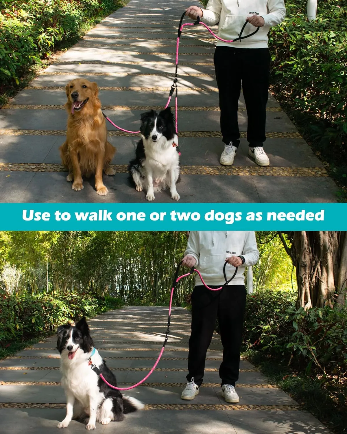 PetBonus Rope Double Dog Leash, No Tangle Dual Leash, Reflective Walking Training Lead with Two Comfortable Padded Handles, Lead Coupler for Medium Large Dogs (1/2” x 6.5FT, Pink)
