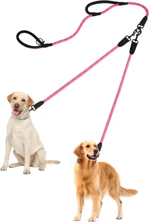 PetBonus Rope Double Dog Leash, No Tangle Dual Leash, Reflective Walking Training Lead with Two Comfortable Padded Handles, Lead Coupler for Medium Large Dogs (1/2” x 6.5FT, Pink)
