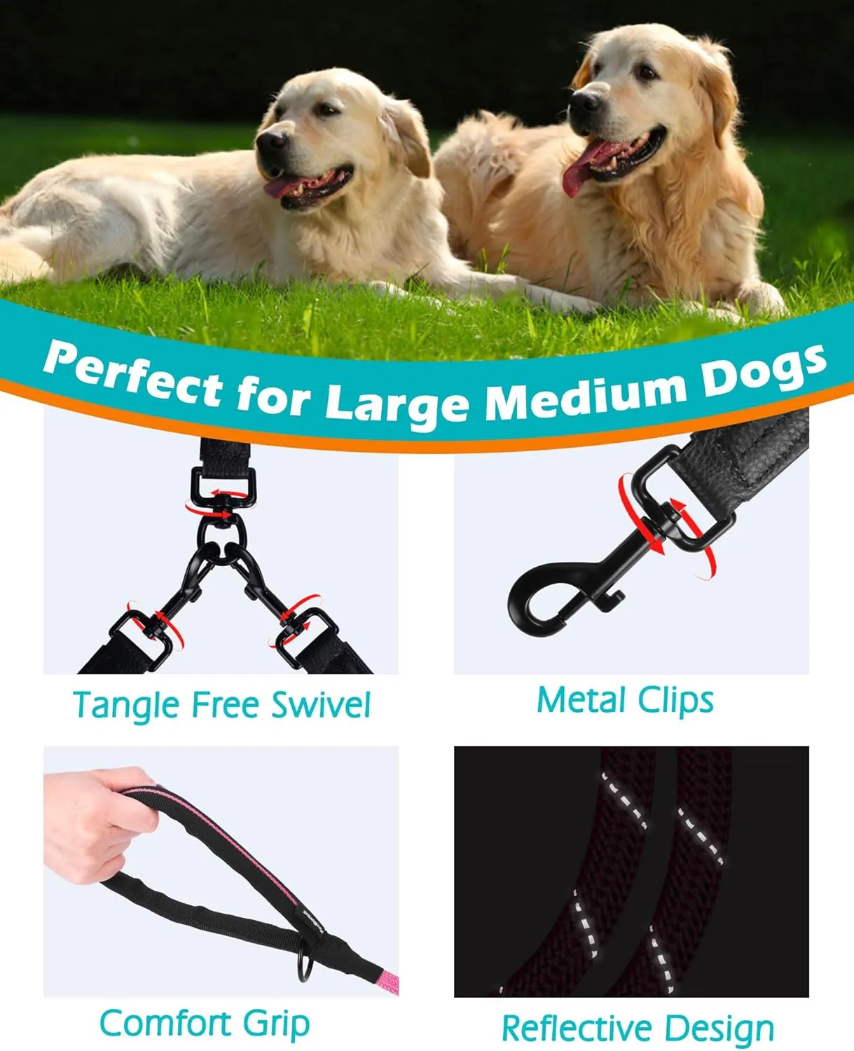 PetBonus Rope Double Dog Leash, No Tangle Dual Leash, Reflective Walking Training Lead with Two Comfortable Padded Handles, Lead Coupler for Medium Large Dogs (1/2” x 6.5FT, Pink)