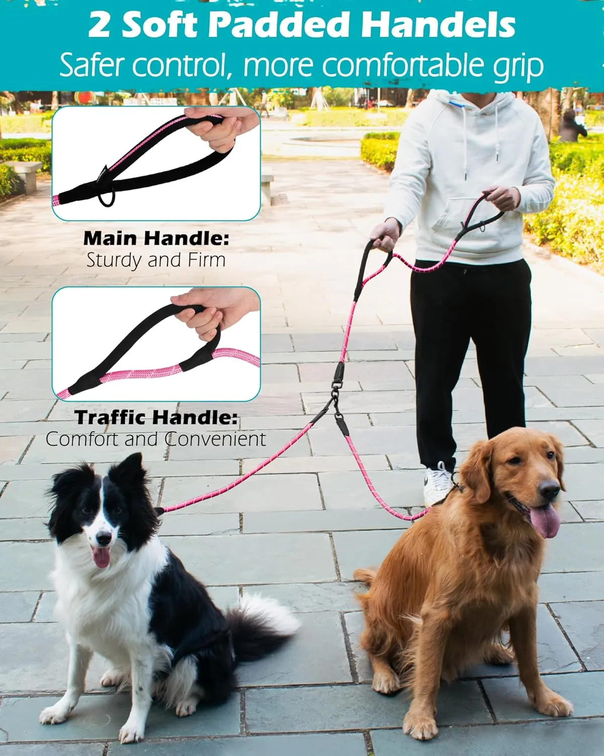 PetBonus Rope Double Dog Leash, No Tangle Dual Leash, Reflective Walking Training Lead with Two Comfortable Padded Handles, Lead Coupler for Medium Large Dogs (1/2” x 6.5FT, Pink)