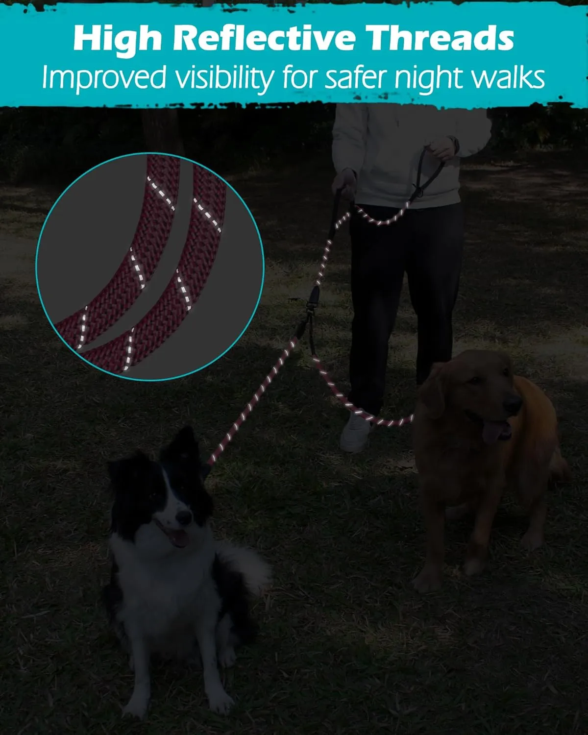 PetBonus Rope Double Dog Leash, No Tangle Dual Leash, Reflective Walking Training Lead with Two Comfortable Padded Handles, Lead Coupler for Medium Large Dogs (1/2” x 6.5FT, Pink)