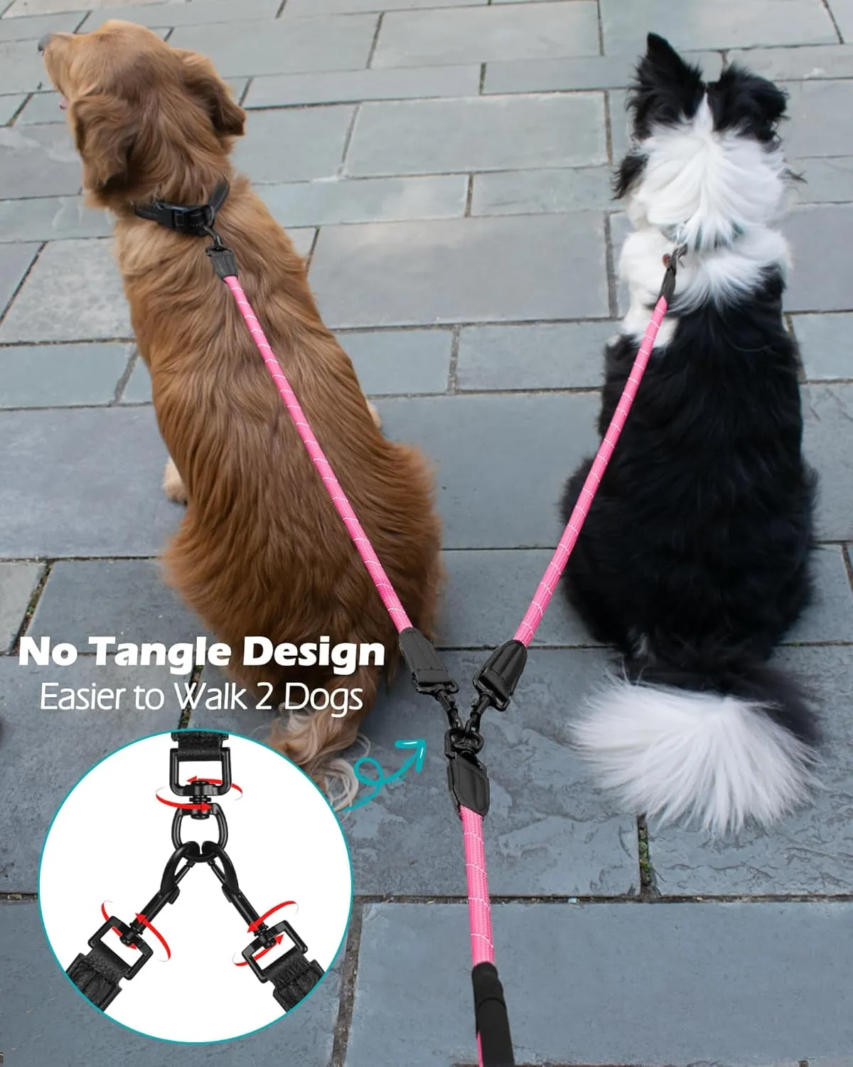 PetBonus Rope Double Dog Leash, No Tangle Dual Leash, Reflective Walking Training Lead with Two Comfortable Padded Handles, Lead Coupler for Medium Large Dogs (1/2” x 6.5FT, Pink)