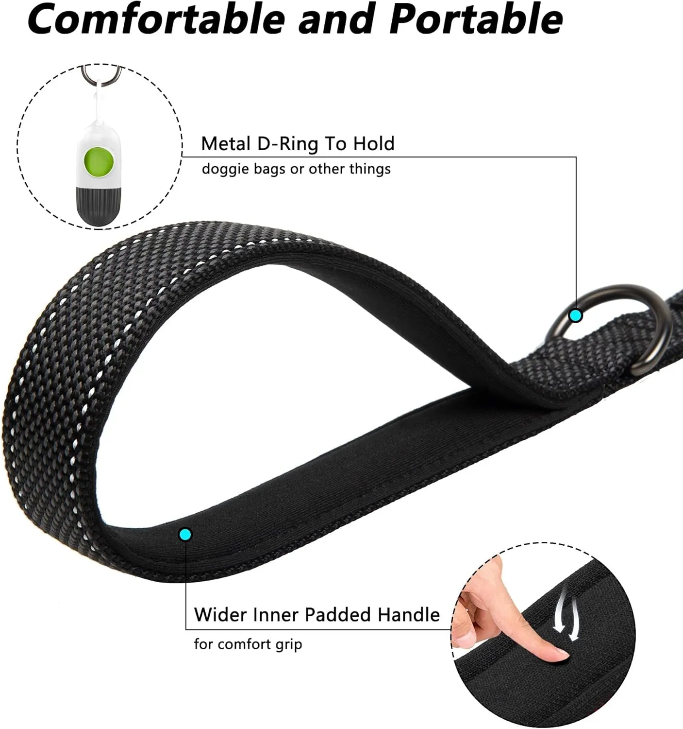 PetiFine 4FT Heavy Duty Dog Leash with Soft Padded Double Handle, Durable Strong Clasp Dog Leashes, Reflective Nylon Walking Lead for Large,Medium,Small Breed Dogs, Black