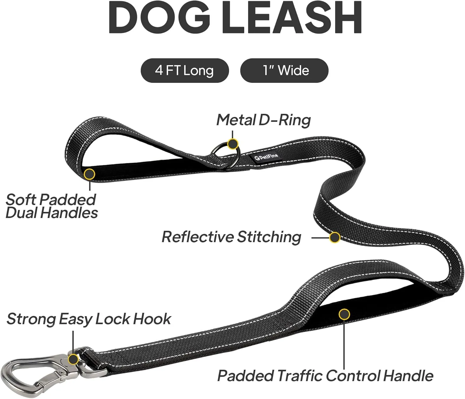 PetiFine 4FT Heavy Duty Dog Leash with Soft Padded Double Handle, Durable Strong Clasp Dog Leashes, Reflective Nylon Walking Lead for Large,Medium,Small Breed Dogs, Black