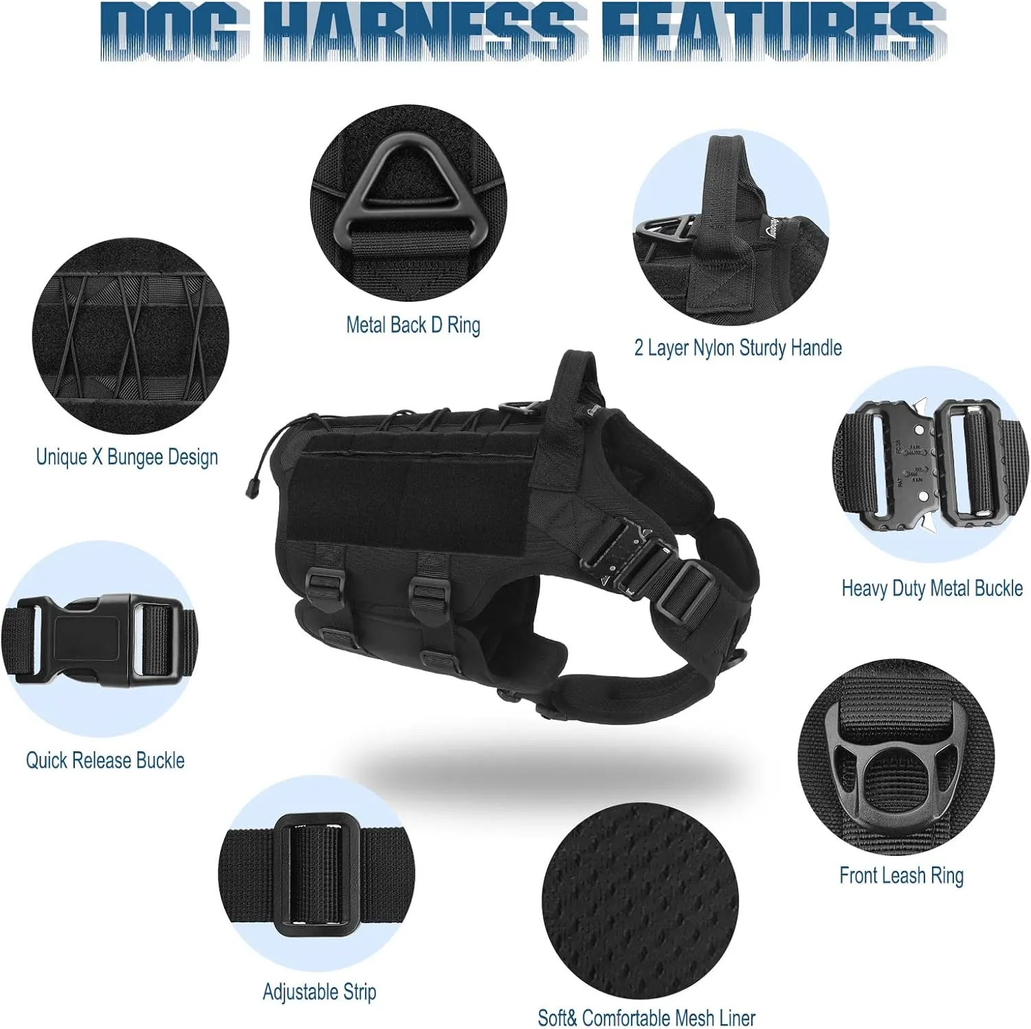 PETNANNY Tactical Dog Harness - Service Dog Harness Emotional Support Dog Vest for Medium Large Dogs, No Pull ESA Dog Vest with Hook & Loop, Working Molle Vest for Training Huntin(Black,L)