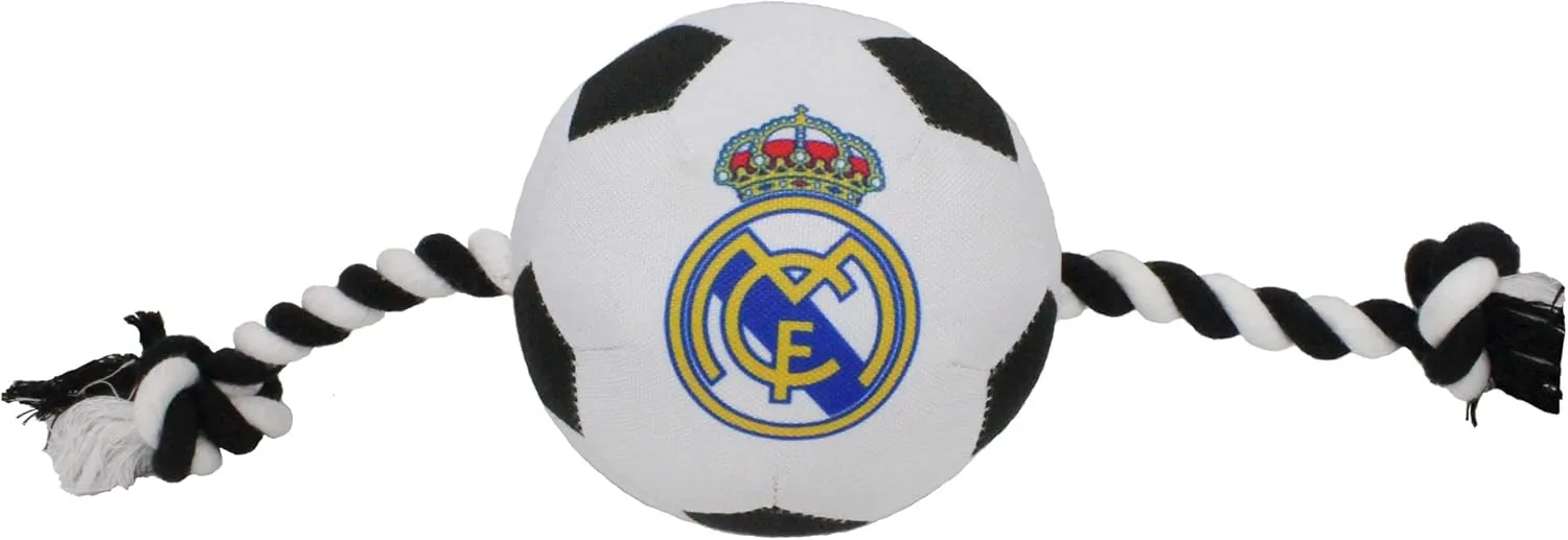 Pets First MLS Real Madrid DOG TOY SOCCER FOOTBALL with Ropes & built-in Squeaker, Tough DOG & CAT TOY in Club color