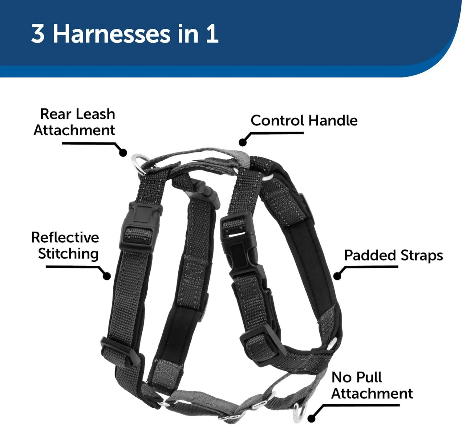 PetSafe 3 in 1 Harness with Two Point Control Leash, No-Pull Harness, Medium, Black, Adjustable