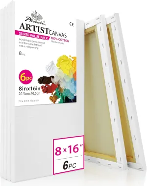 PHOENIX Long Stretched Canvas for Painting 8x16 Inch/6 Value Pack, 8 Oz Triple Primed 5/8 Inch Profile 100% Cotton White Blank Canvas, Rectangular Framed Canvas for Oil Acrylic & Pouring Art