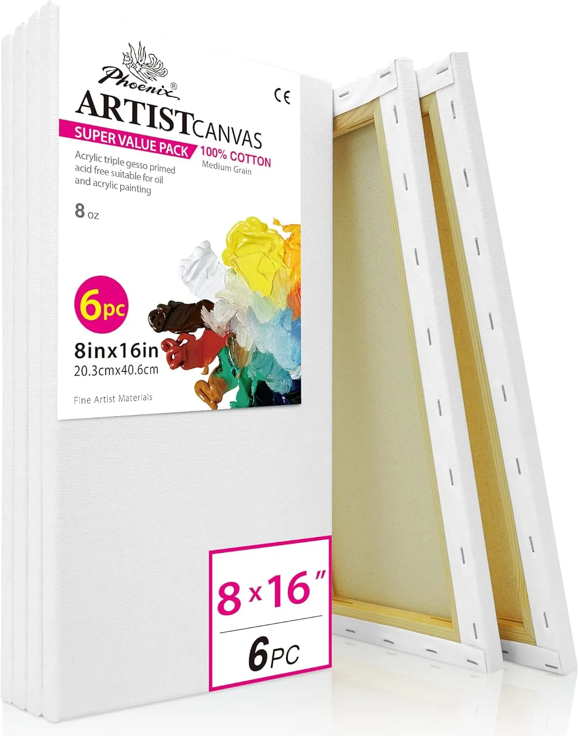 PHOENIX Long Stretched Canvas for Painting 8x16 Inch/6 Value Pack, 8 Oz Triple Primed 5/8 Inch Profile 100% Cotton White Blank Canvas, Rectangular Framed Canvas for Oil Acrylic & Pouring Art