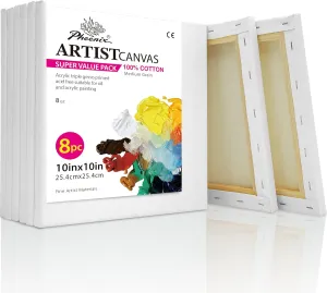 PHOENIX Square Canvas for Painting - 10x10 Inch/8 Value Pack, 8 Oz Triple Primed 5/8 Inch Profile 100% Cotton White Blank Canvas, Stretched Framed Canvas for Oil Acrylic