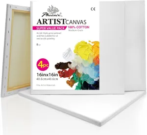PHOENIX Stretched Canvas for Painting 16x16 Inch/4 Value Pack, 8 Oz Triple Primed 5/8 Inch Profile 100% Cotton White Blank Canvas, Square Framed Canvas for Oil Acrylic & Pouring Art