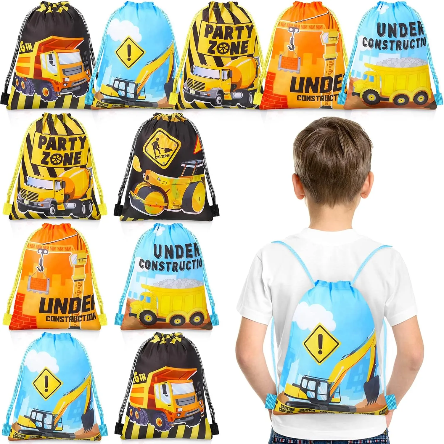 Photect 12 Pack Construction Party Favor Bags Construction Theme Drawstring Backpack Truck Gifts Bags Mini Engineering Car Class Reward Prizes for Kids Truck Car Birthday Party Supplies 10 x 12 Inch