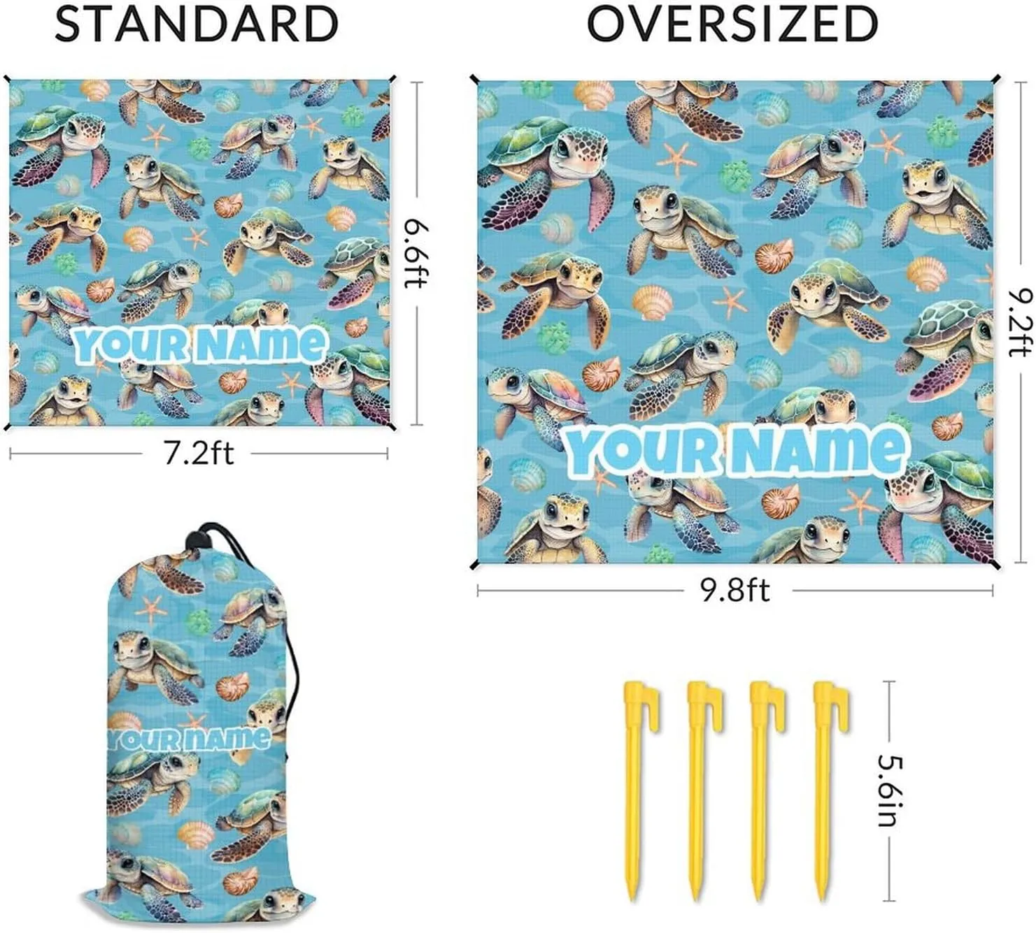 Picnic Blankets Waterproof Foldable - Custom Turtle Beach Blanket Sandproof with Corner Pockets - 110”x118” Oversized Sand Free Mat with Portable Mesh Bag - Beach Accessories for Travel & Camping
