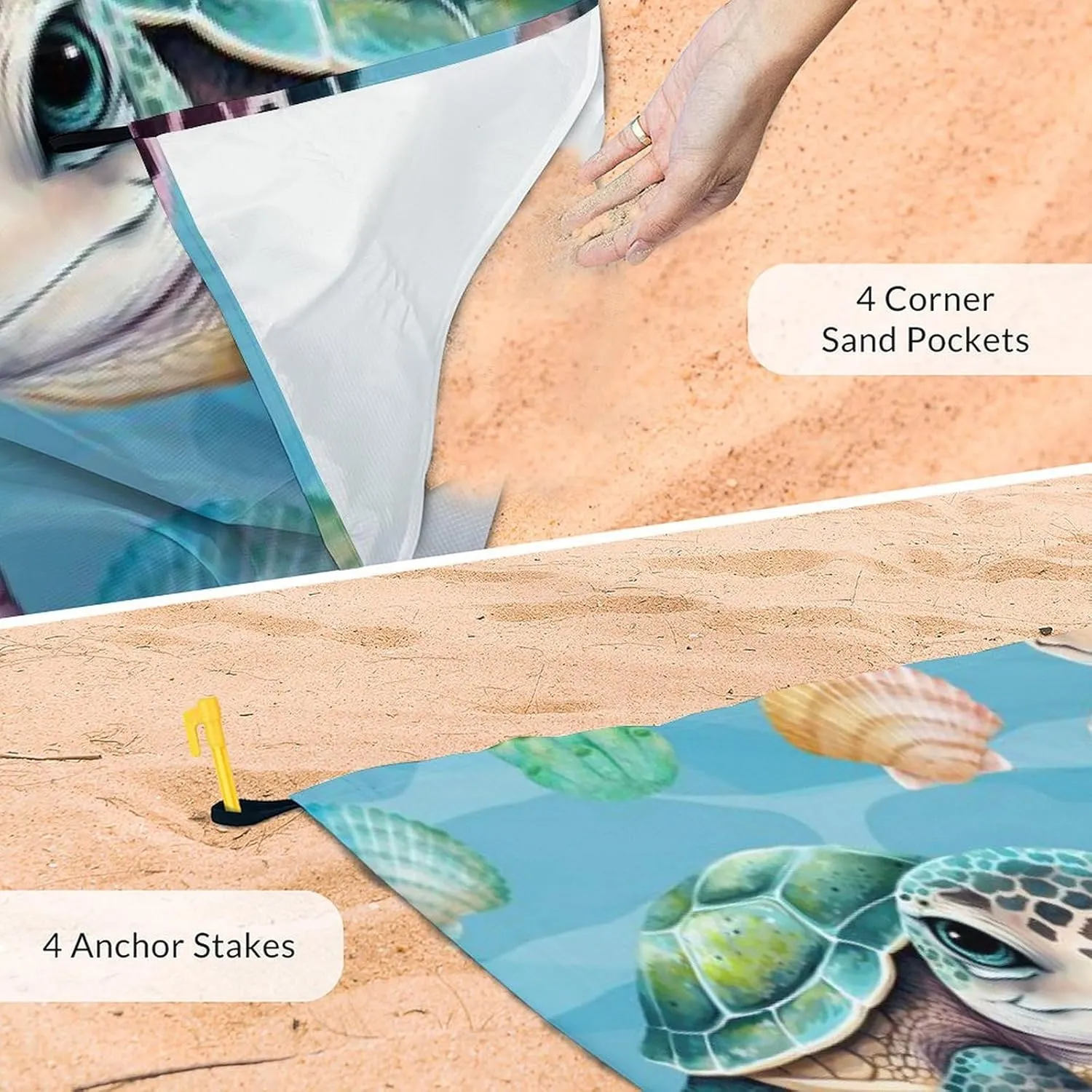 Picnic Blankets Waterproof Foldable - Custom Turtle Beach Blanket Sandproof with Corner Pockets - 110”x118” Oversized Sand Free Mat with Portable Mesh Bag - Beach Accessories for Travel & Camping