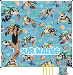Picnic Blankets Waterproof Foldable - Custom Turtle Beach Blanket Sandproof with Corner Pockets - 110”x118” Oversized Sand Free Mat with Portable Mesh Bag - Beach Accessories for Travel & Camping