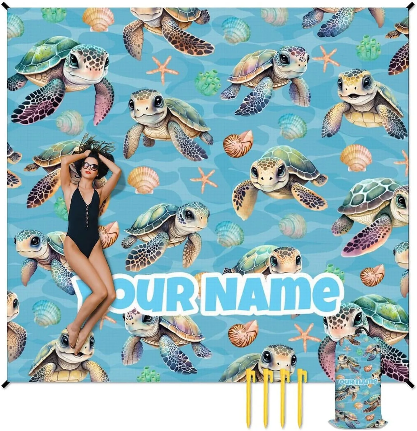 Picnic Blankets Waterproof Foldable - Custom Turtle Beach Blanket Sandproof with Corner Pockets - 110”x118” Oversized Sand Free Mat with Portable Mesh Bag - Beach Accessories for Travel & Camping