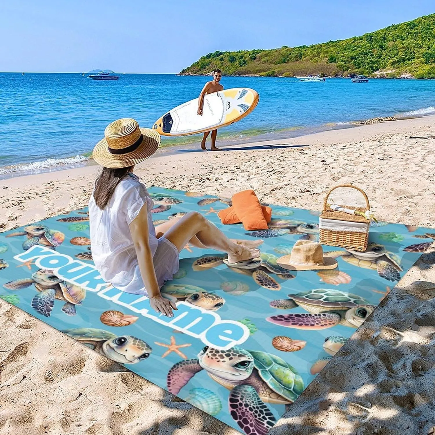 Picnic Blankets Waterproof Foldable - Custom Turtle Beach Blanket Sandproof with Corner Pockets - 110”x118” Oversized Sand Free Mat with Portable Mesh Bag - Beach Accessories for Travel & Camping
