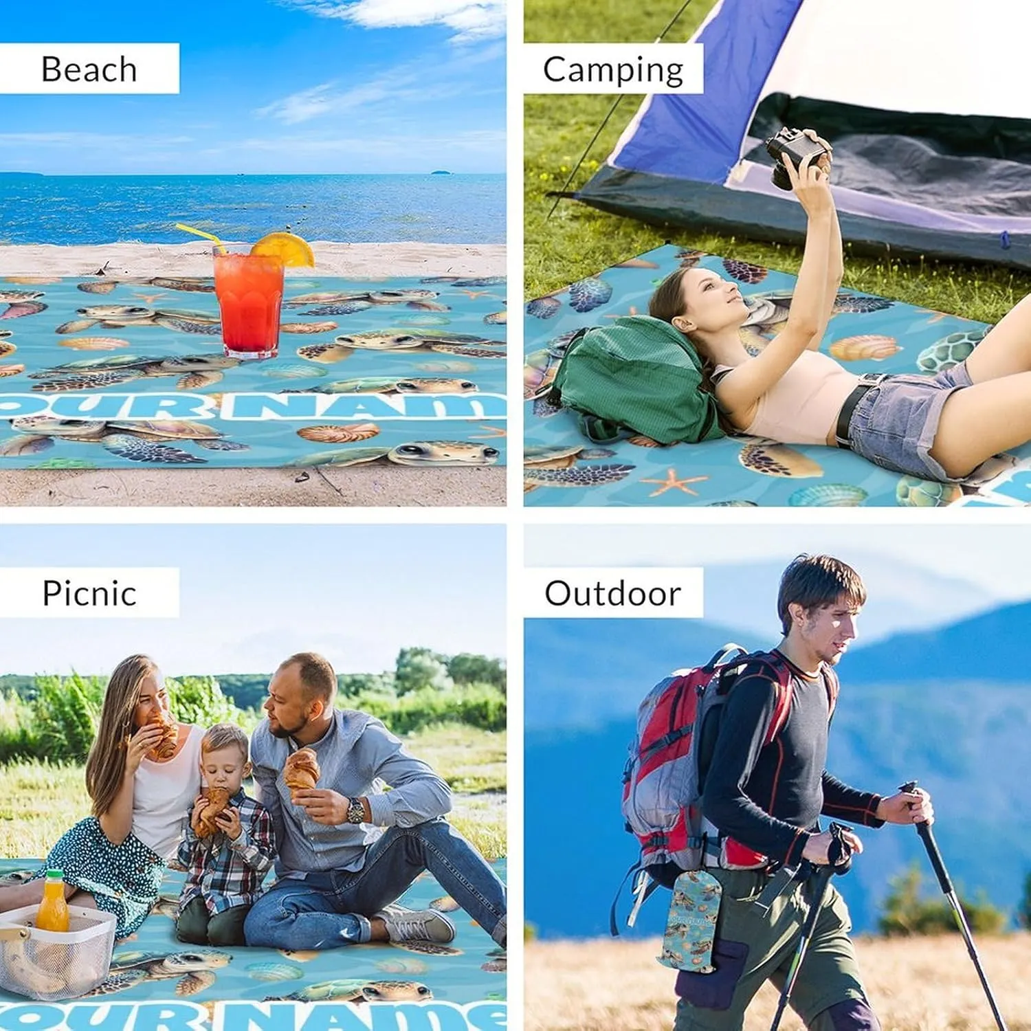 Picnic Blankets Waterproof Foldable - Custom Turtle Beach Blanket Sandproof with Corner Pockets - 110”x118” Oversized Sand Free Mat with Portable Mesh Bag - Beach Accessories for Travel & Camping