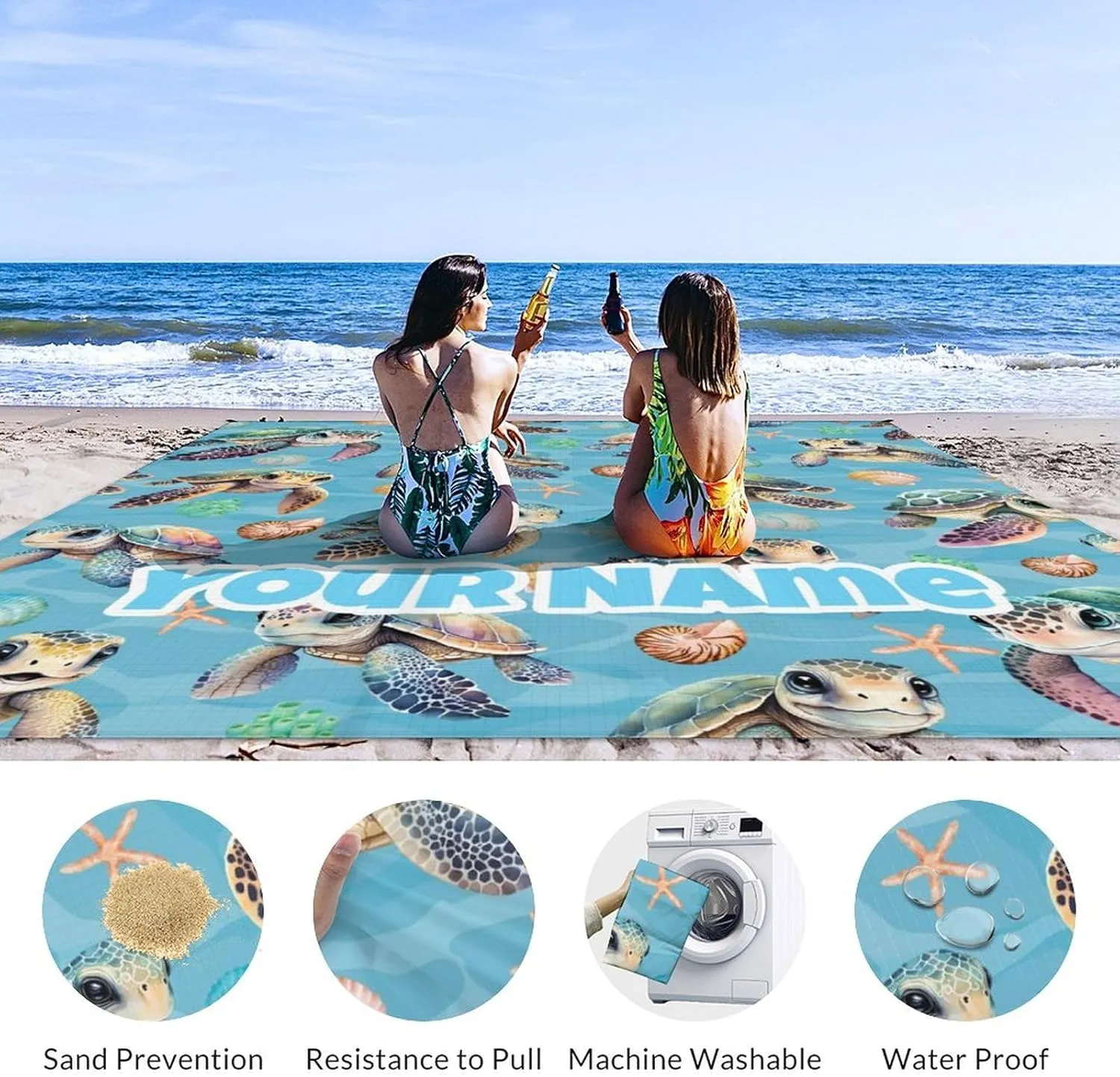 Picnic Blankets Waterproof Foldable - Custom Turtle Beach Blanket Sandproof with Corner Pockets - 110”x118” Oversized Sand Free Mat with Portable Mesh Bag - Beach Accessories for Travel & Camping