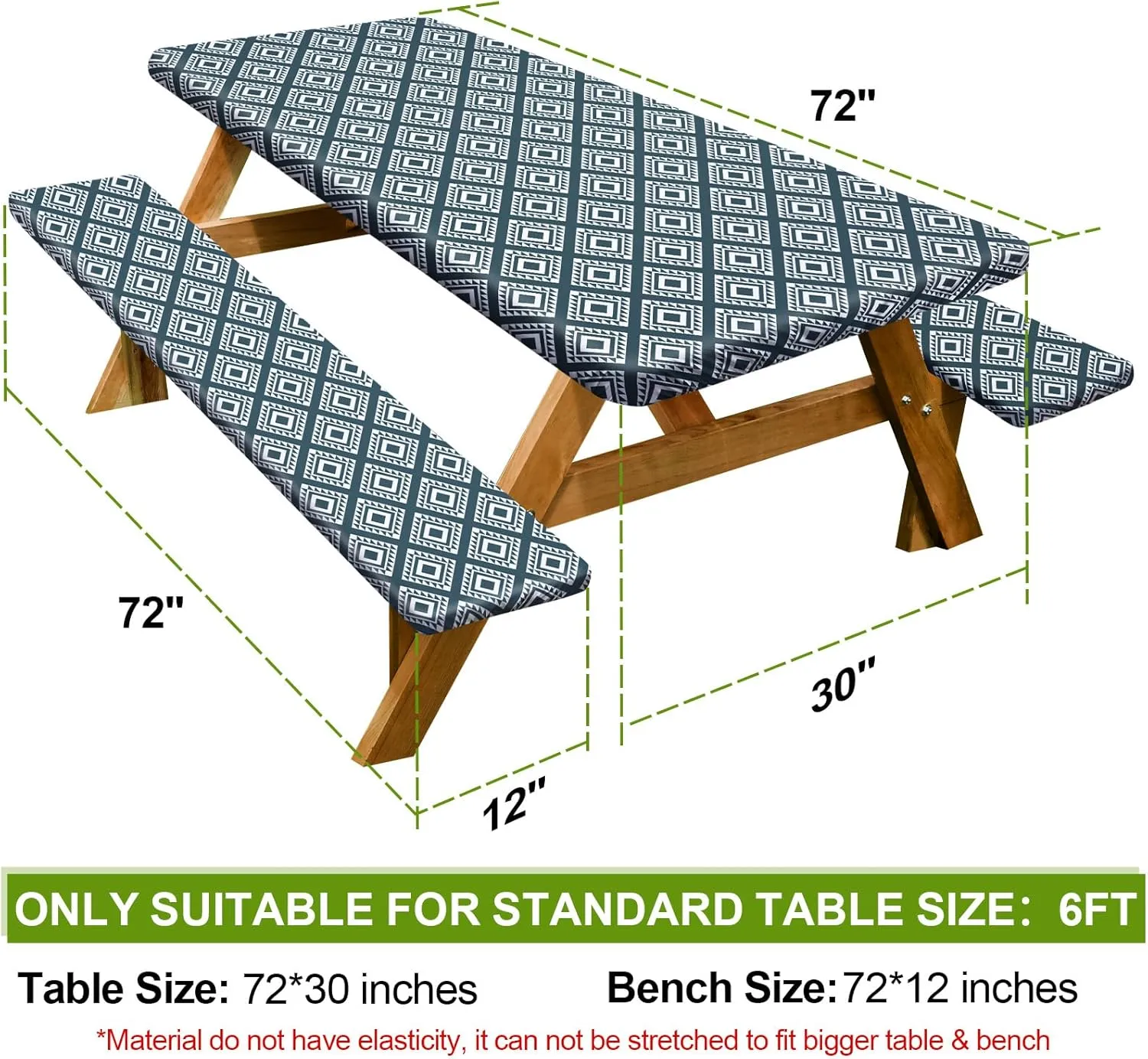 Picnic Table Cover with Bench Covers Camping Essentials Waterproof Windproof Camping Tablecloth with Drawstring Bag, Fitted Rectangle Tables and Seats, 72in, Blue Green Plaid
