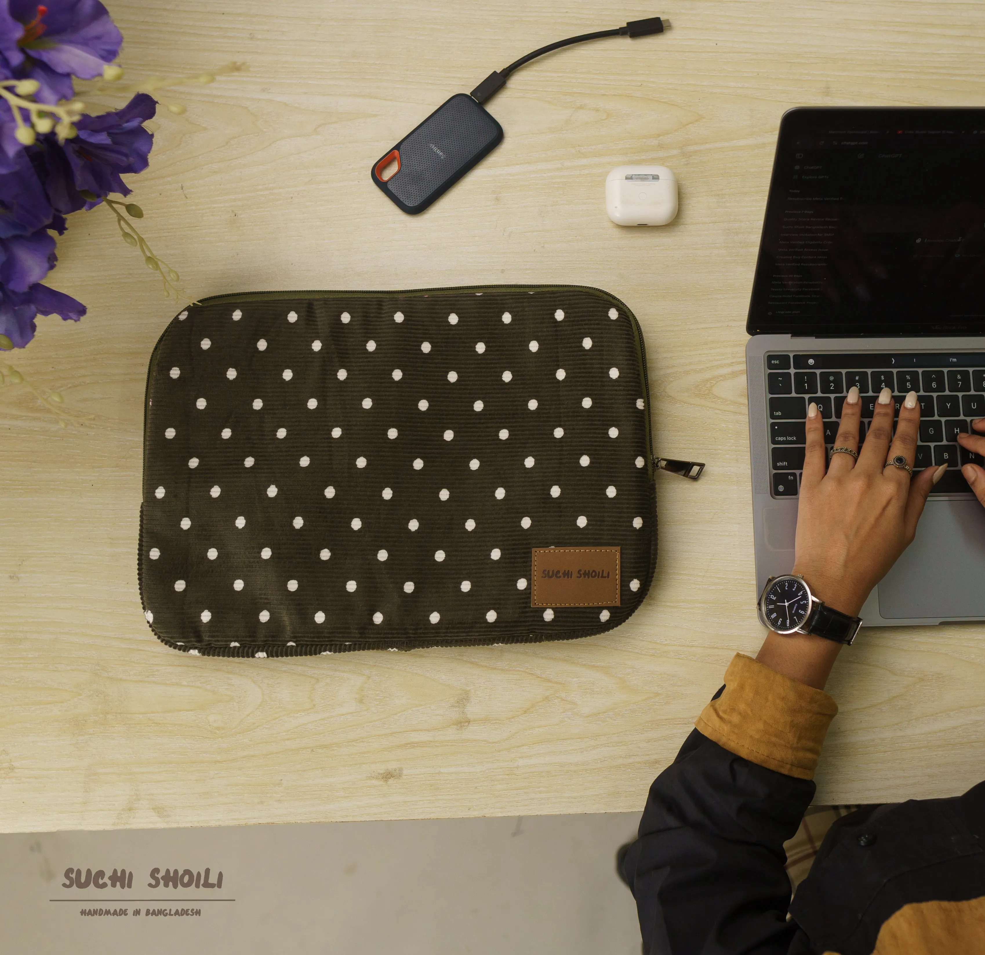 Pine Dots Corduroy Fabric Laptop Sleeve
