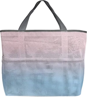 Pink Blue Ombre Beach Tote Bag for Women, Pink Gradient Color Modern Abstract Art Mesh Beach Bags Waterproof Sandproof, Outdoor Picnic Swim Pool Handbag - Large Beach Bag with Zipper and Pockets