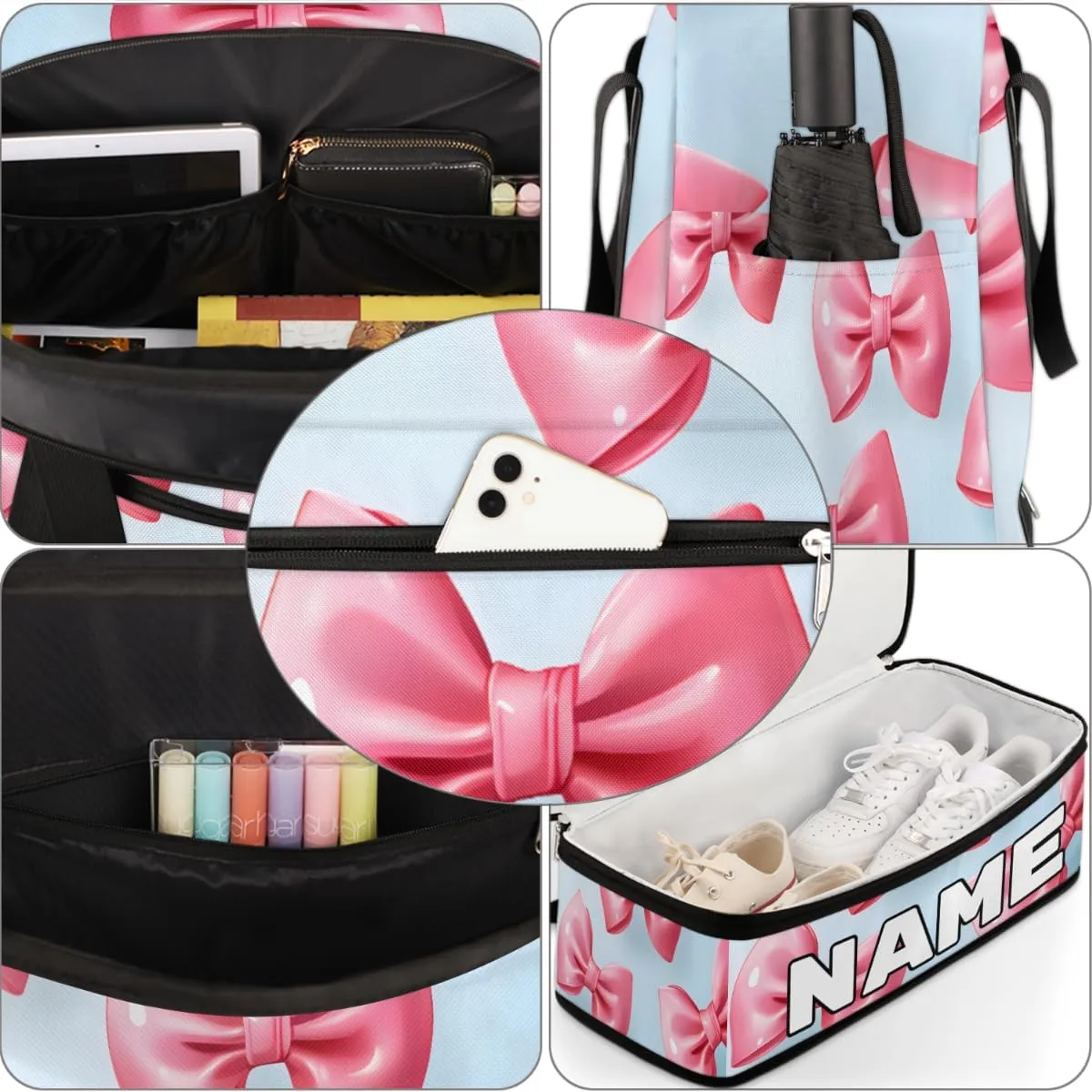 Pink Bowknot Printed Custom Foldable Duffle Bag with Shoes Compartment Personalized Large Capacity Waterproof Travel Weekender Bag Overnight Bag for Sports Gym