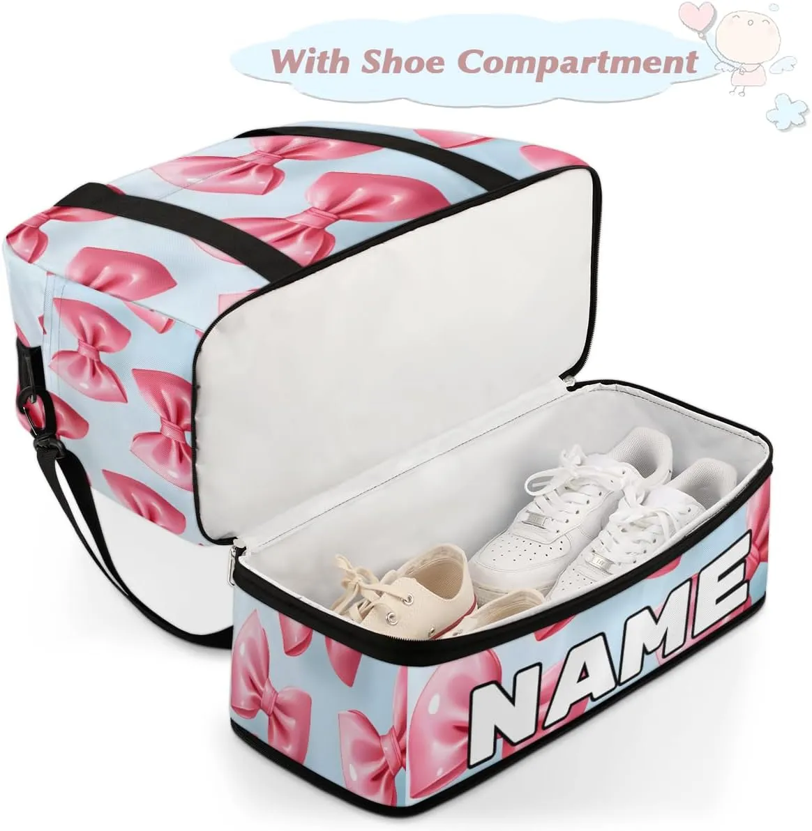 Pink Bowknot Printed Custom Foldable Duffle Bag with Shoes Compartment Personalized Large Capacity Waterproof Travel Weekender Bag Overnight Bag for Sports Gym