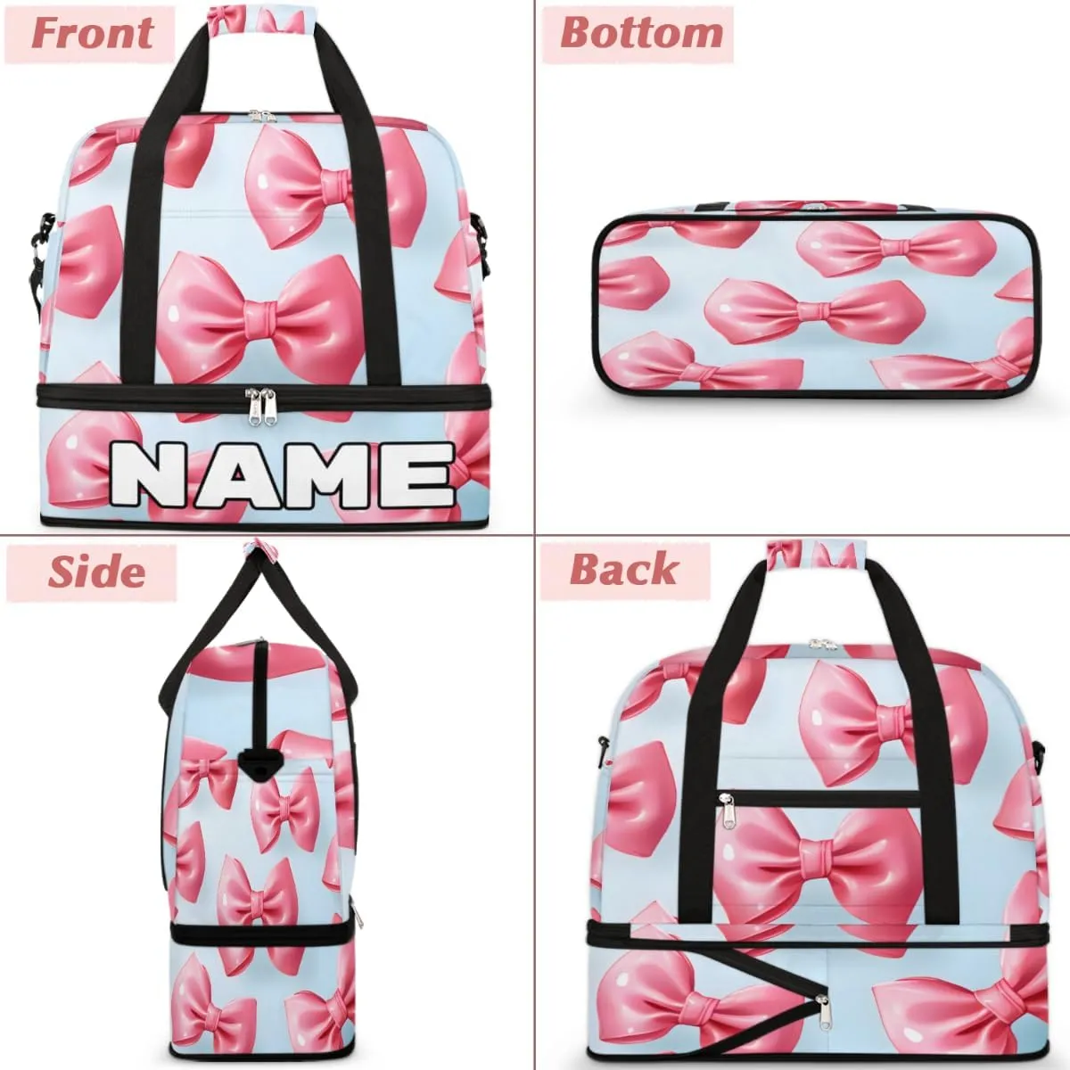 Pink Bowknot Printed Custom Foldable Duffle Bag with Shoes Compartment Personalized Large Capacity Waterproof Travel Weekender Bag Overnight Bag for Sports Gym
